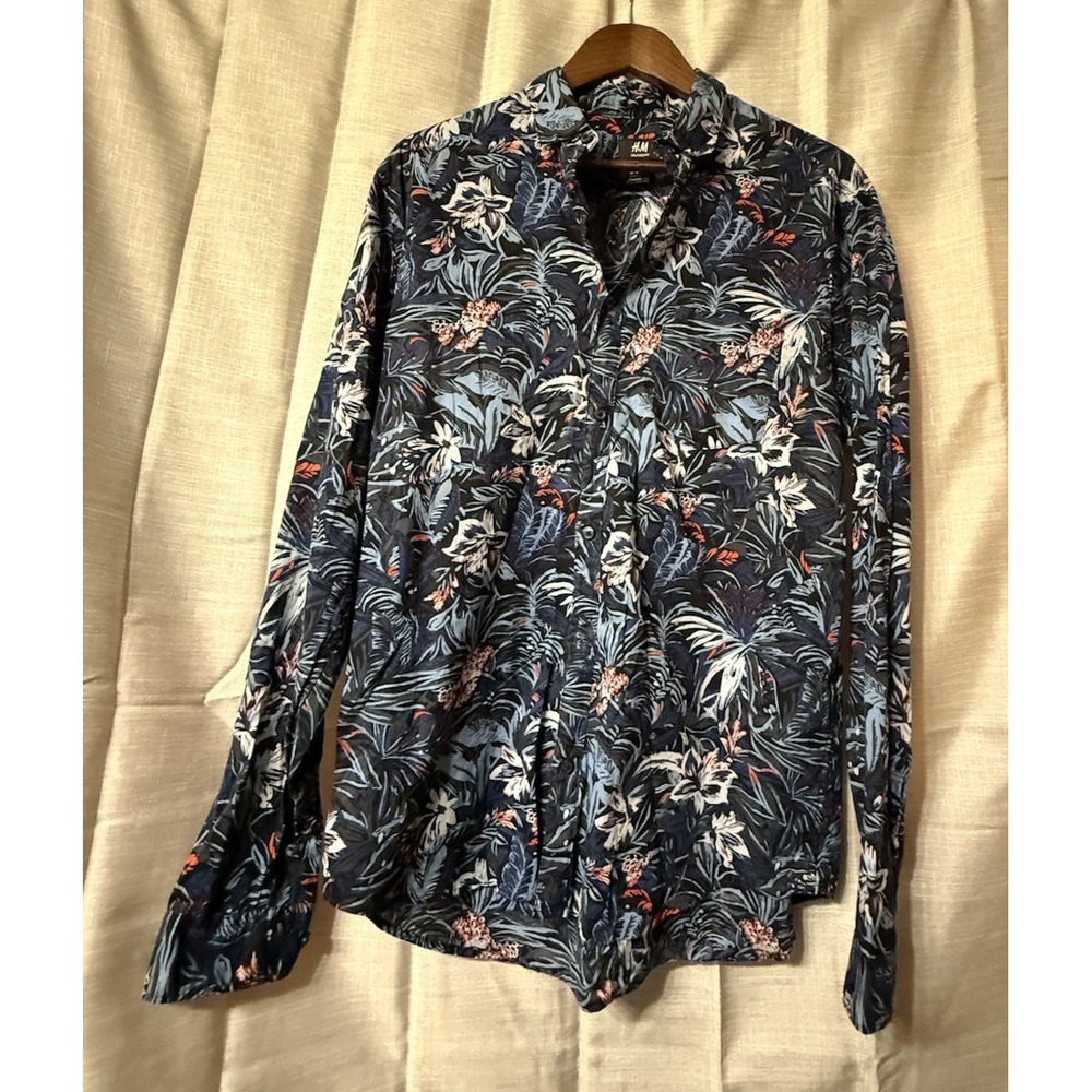 EUC Mens H&M Medium Blue/Black/ Salmon Floral Button Down Long Sleeve Shirt